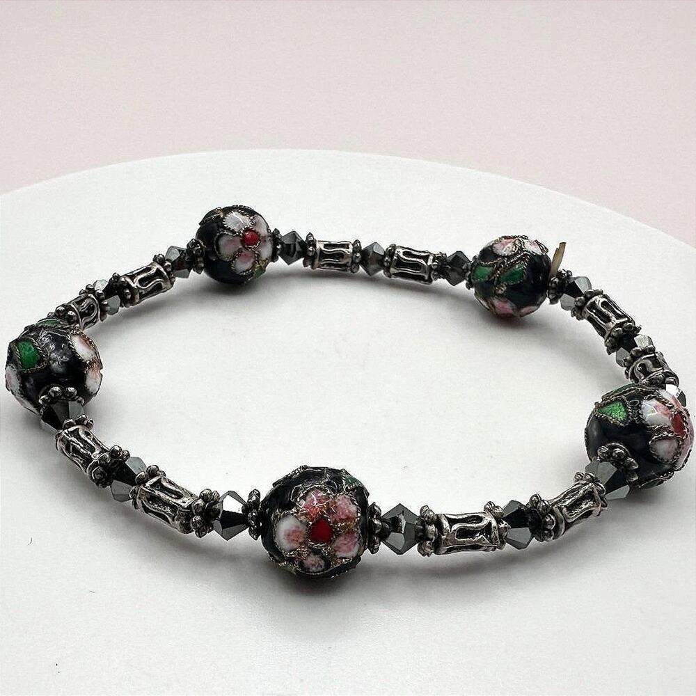 Vintage 80s Cloisonne Beaded Bracelet Black Floral Enamel Haematit Retro Jewelry